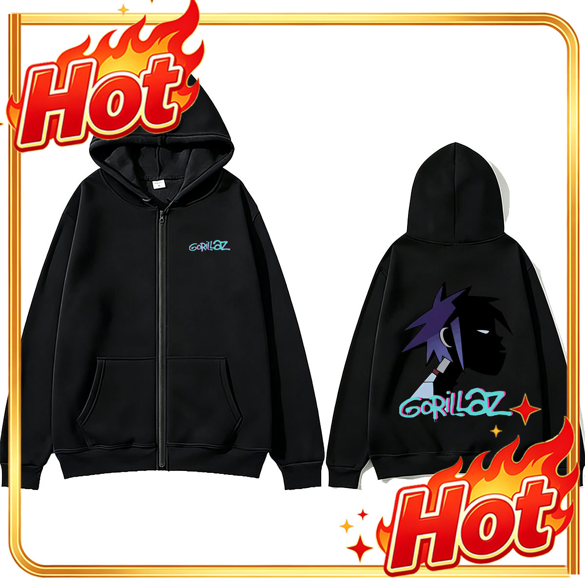 Mens Fashion Zip Up Hoodies - 록 밴드 고릴라즈 로고가 새겨진 지퍼