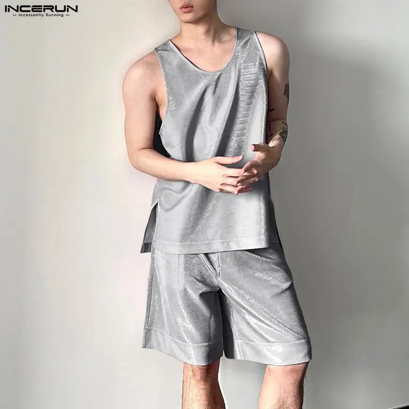 INCERUN 남성 세트 반짝 이는 솔리드 오 넥 민소 - Mens Fashion Summer 리뷰 및 가격