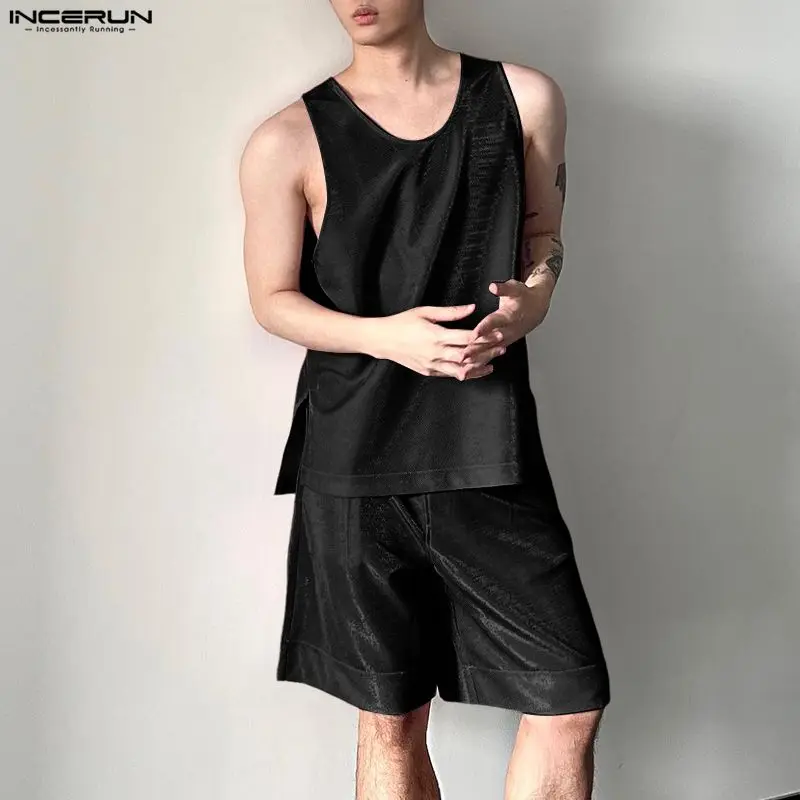 INCERUN 남성 세트 반짝 이는 솔리드 오 넥 민소 - Mens Fashion Summer 리뷰 및 가격